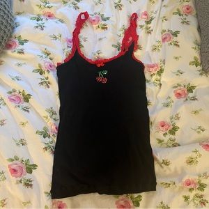 Betsy Johnson, black and red lace tank top with cherries